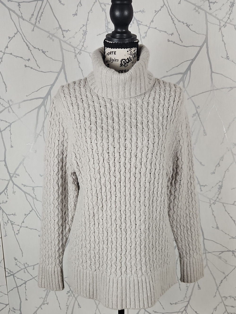 J. Crew White Birch 28% Wool Cable Knit Turtleneck Sweater